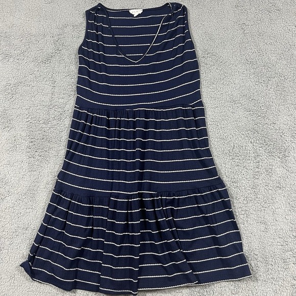 See You Monday Tiered Bue Striped Ribbed Knit Sleeveless V-Neck Babydoll Dress L - Picture 1 of 4